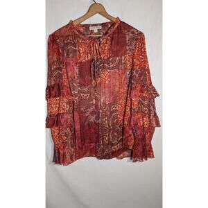 Frye‎ & Co Womens Ruffle Sleeve Blouse  Sz L Paisley Whimsical Rust Fairy Boho